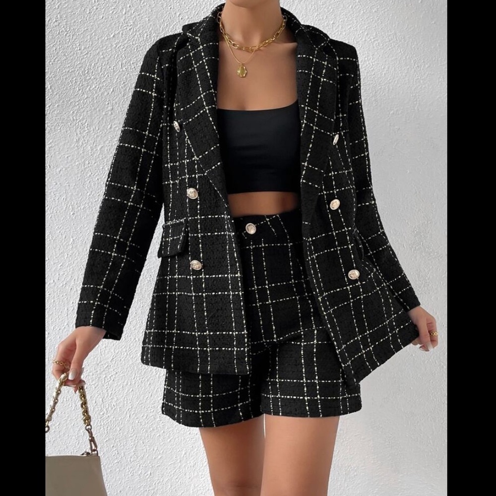 NWOT! Black Gold Windowpane Tweed Blazer & Short Set, Size XS - Picture 3 of 9